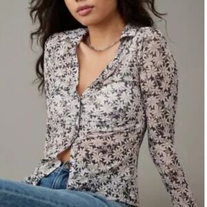 American Eagle Floral Mesh Button-Up Shirt